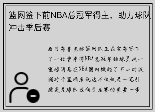 篮网签下前NBA总冠军得主，助力球队冲击季后赛